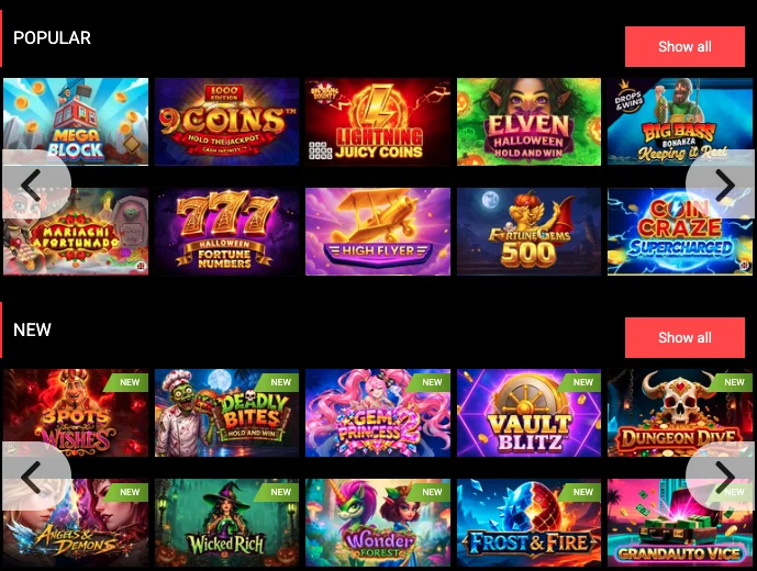 PariPulse casino lobby with slot categories, search and game tiles