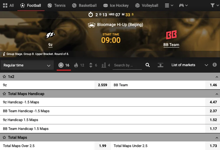 PariPulse esports section with a Counter-Strike 2 tournament match and its 1X2, double chance and handicap odds