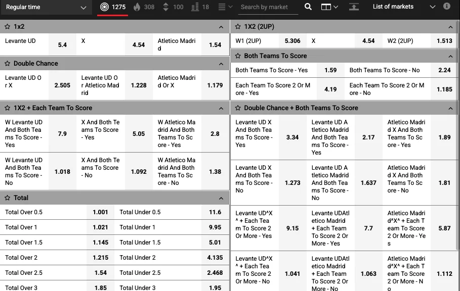 PariPulse football odds table with 1, X, 2, double chance, totals and handicap columns for Premier League matches
