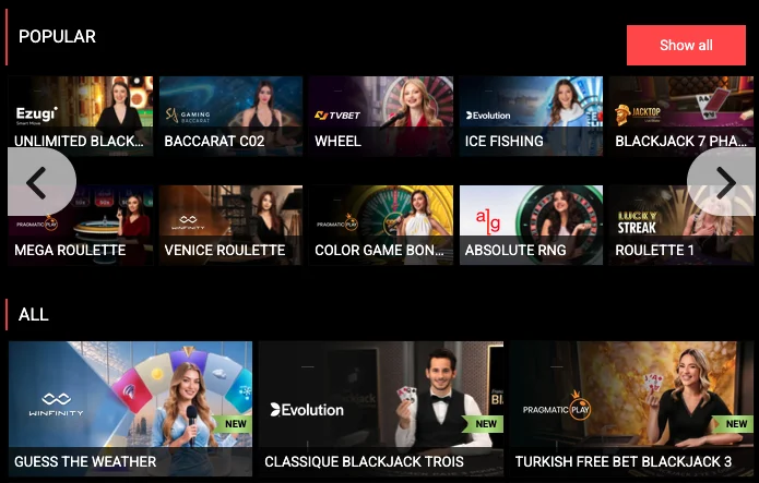 PariPulse live casino lobby with roulette, blackjack and baccarat tables and their stake limits