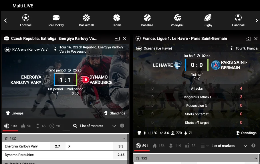 PariPulse Multi-LIVE screen showing four live matches side by side, each with score and odds