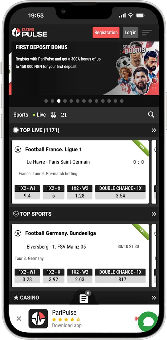 The PariPulse Android app home screen showing live matches and the bet slip