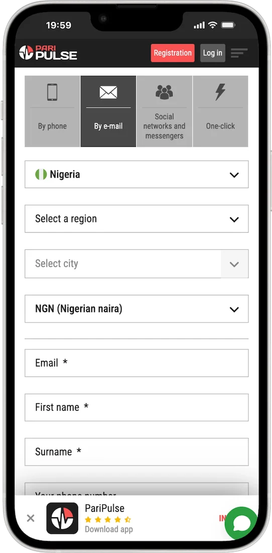 The By e-mail registration form with country, region, city, email, phone, name and password fields