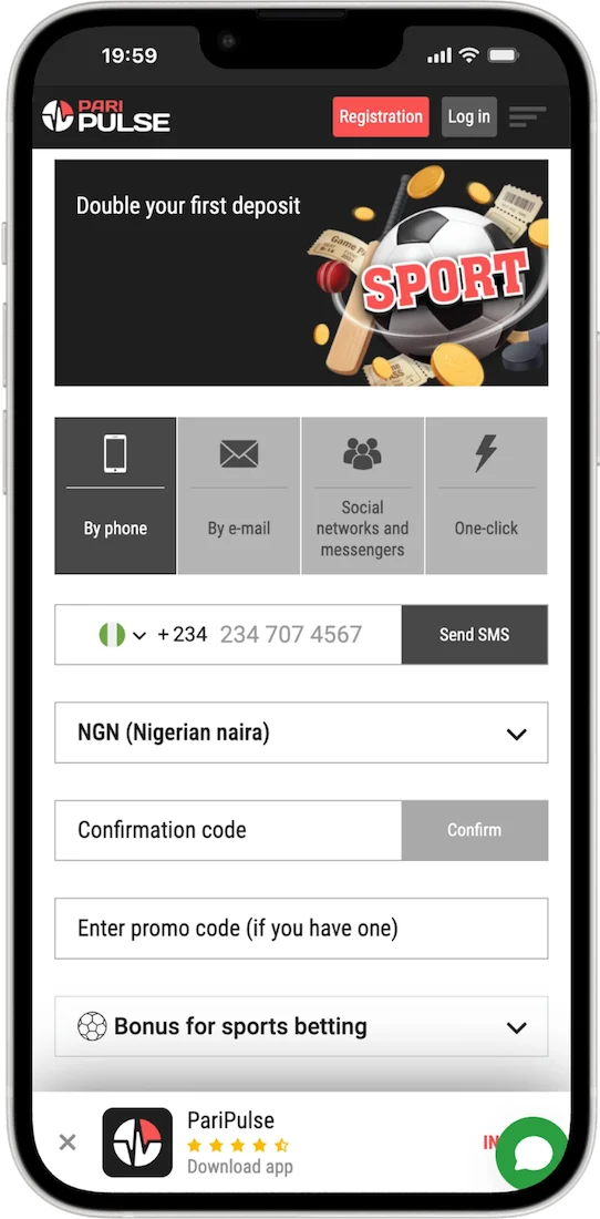 PariPulse registration window with the bonus choice on the left and the By phone form on the right